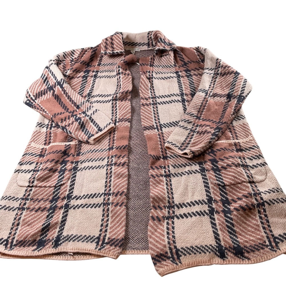 Cato‎ Plaid Knit Cardigan Sweater 14/16W Womens Pink Beige Black Open Front
